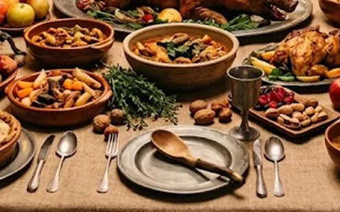 A roast bird among earthenware bowls, a pewter plate and a goblet