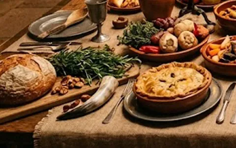 A round loaf, fresh herbs and a baked dish on a burlap-covered table