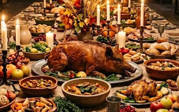 A whole roast pig on a pewter platter at the center of a candlelit table