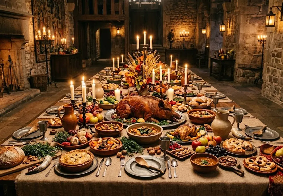 A long candlelit feast table laid with pewter plates, goblets and shared dishes in a stone hall