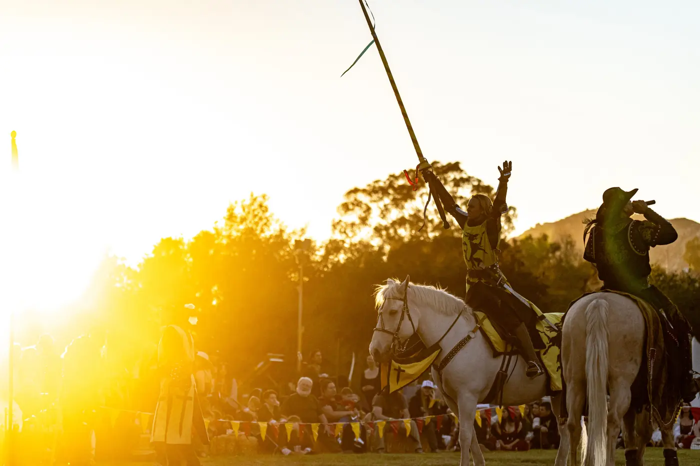 A rider raises a lance against the low golden sun over the tournament field