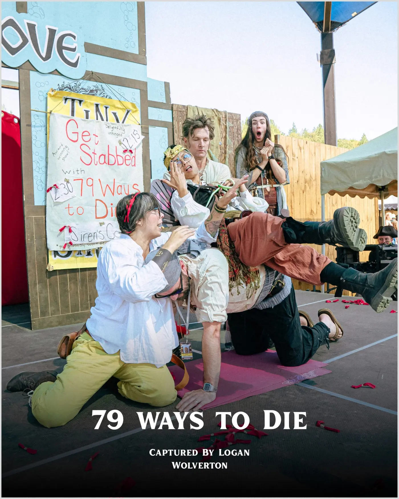 Stage players act out a comic death scene for the show 79 Ways to Die